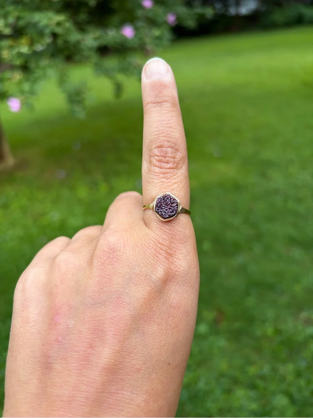 Rare: 14K Gold Fill Bezel Wrapped Hexagon Purple Druzy Ring, Size 7